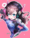  animal_print bangs blue_bodysuit bodysuit breasts brown_eyes brown_hair bunny_print clothes_writing cowboy_shot d.va_(overwatch) enepuni facepaint facial_mark foreshortening from_above gloves gun hand_on_hip headphones heart high_collar highres holding holding_gun holding_weapon licking_lips long_hair looking_at_viewer outline overwatch parted_lips pilot_suit pink_background pink_lips shoulder_pads simple_background skin_tight small_breasts solo speech_bubble spoken_heart swept_bangs tongue tongue_out twitter_username weapon whisker_markings white_gloves 