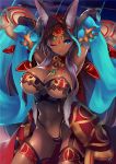 ;) animal_ears arms_behind_head blue_eyes breasts commentary_request dark_skin ears_through_headwear elbow_gloves fate/grand_order fate_(series) gloves head_chain highres hood jazztaki large_breasts long_hair looking_at_viewer one_eye_closed purple_hair queen_of_sheba_(fate/grand_order) signature smile solo 
