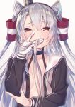  amatsukaze_(kantai_collection) bangs brown_dress brown_eyes collarbone covering_mouth dress eyebrows_visible_through_hair flat_chest gloves gradient gradient_background grey_background hair_between_eyes hair_tubes hat kantai_collection long_hair looking_at_viewer mini_hat no_bra open_clothes open_dress sailor_dress silver_hair single_glove solo tahya two_side_up upper_body white_gloves windsock 
