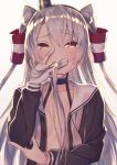  amatsukaze_(kantai_collection) backlighting bangs brown_dress brown_eyes collarbone covering_mouth dress eyebrows_visible_through_hair flat_chest gloves gradient gradient_background grey_background hair_between_eyes hair_tubes hat kantai_collection long_hair looking_at_viewer mini_hat no_bra open_clothes open_dress sailor_dress silver_hair single_glove solo tahya two_side_up upper_body white_gloves windsock 