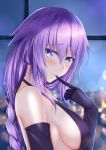  bare_shoulders biting blue_eyes blush braid breasts choujigen_game_neptune_the_animation commentary dress elbow_gloves from_side glove_biting gloves hair_between_eyes long_hair looking_at_viewer medium_breasts muwa12 neptune_(series) power_symbol purple_dress purple_gloves purple_hair purple_heart sideboob smile solo symbol-shaped_pupils upper_body 