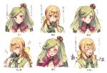  :d ;) black_gloves blonde_hair blush bow closed_eyes crown earrings gloves green_eyes green_hair hair_between_eyes hair_bow hair_ornament hand_on_own_cheek hand_to_own_mouth hand_up jewelry leavanny long_hair mini_crown moe_(hamhamham) multiple_girls one_eye_closed open_mouth personification pokemon purple_eyes smile translation_request tsareena upper_body 
