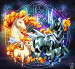  blitzle blue_eyes brown_eyes chinese_zodiac commentary eye_contact fireworks gen_1_pokemon gen_5_pokemon highres horse looking_at_another no_humans pokemon pokemon_(creature) ponyta rapidash red_eyes sa-dui signature watermark year_of_the_horse yellow_sclera zebstrika 
