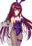  alcohol animal_ears bottle bow bowtie bunny_ears bunnysuit cowboy_shot cup detached_collar drinking_glass fate/grand_order fate_(series) fishnet_pantyhose fishnets garter_belt hairband highres leotard long_hair looking_at_viewer pantyhose purple_hair purple_hairband purple_leotard purple_neckwear red_eyes scathach_(fate)_(all) scathach_(fate/grand_order) simple_background smile solo standing strapless strapless_leotard sunday_se7en tray white_background wine wine_bottle wine_glass wrist_cuffs 