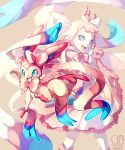  blue_eyes bow commentary fangs gen_4_pokemon hair_bow highres looking_at_viewer open_mouth personification pink_hair pokemon pokemon_(creature) sa-dui signature smile standing sylveon white_bow 