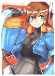 aile arm_cannon bodystocking bodysuit breasts commentary_request gloves large_breasts long_hair marker_(medium) mitsuyanabe_(carp_sandaime) rockman rockman_zx rockman_zx_advent skin_tight smile solo spandex traditional_media weapon 