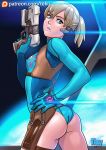  2017 adapted_costume alternate_hair_color ass blue_eyes breasts brown_hair chaps commentary covered_nipples earpiece english_commentary gun handgun highres holding holding_gun holding_weapon holster leotard lips long_sleeves looking_back metroid metroid:_other_m mole mole_under_mouth parted_lips patreon_username pistol samus_aran short_ponytail shoulder_holster small_breasts solo teenage tekuho_no_habo trigger_discipline weapon younger zero_suit 