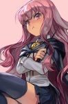  black_legwear cape crossed_arms hankuri long_hair louise_francoise_le_blanc_de_la_valliere pink_background pink_eyes pink_hair pout skirt solo thighhighs tsundere wand zero_no_tsukaima zettai_ryouiki 