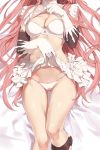  ass_visible_through_thighs bed_sheet boots breasts cameltoe dakimakura elbow_gloves fate/grand_order fate_(series) feet_out_of_frame gloves head_out_of_frame large_breasts lifted_by_self long_hair lying medb_(fate)_(all) medb_(fate/grand_order) on_back on_bed panties pink_hair skirt skirt_lift solo thigh_gap underwear very_long_hair white_panties white_skirt yang-do 