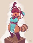 2017 anthro big_breasts breasts brown_fur chinese clothed clothing crate cute dandan digital_media_(artwork) dress female fur hair hair_over_eyes japanese_clothing kimono lunar_regalia mammal nighthead open_mouth paws pose red_fur red_hair red_panda ringed_tail rope short_hair short_stack simple_background stretching stripes tired wide_hips 