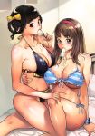  bangs bare_shoulders bed_sheet bikini black_bikini blue_eyes blush braid breasts brown_hair cleavage commentary_request covered_nipples dead_or_alive f.s. food front-tie_top hair_rings hairband hitomi_(doa) large_breasts lei_fang long_hair looking_at_viewer mouth_hold multiple_girls navel popsicle sexually_suggestive shiny shiny_hair shiny_skin short_hair side-tie_bikini sitting sitting_on_lap sitting_on_person striped striped_bikini swimsuit thighs twin_braids yuri 