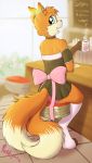  2016 anthro beverage bow canine choker clothed clothing coffee crossdressing fox fur girly hi_res legwear looking_back maid_uniform male mammal multi_tail orange_fur panties punk-pegasus shadow_the_kitsune sitting socks solo underwear uniform upskirt 