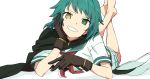  cape gloves green_eyes green_hair grin hat hat_removed headwear_removed heterochromia highres kantai_collection kiso_(kantai_collection) looking_at_viewer lying neckerchief on_stomach remodel_(kantai_collection) scar scar_across_eye simple_background smile solo wachi_(hati1186) white_background yellow_eyes 