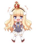  :d azur_lane black_hairband blonde_hair blue_eyes blush_stickers chibi commentary_request crown elbow_gloves gloves hairband hands_on_hips hydrock looking_at_viewer mini_crown open_mouth queen_elizabeth_(azur_lane) simple_background smile solo thighhighs v-shaped_eyebrows zettai_ryouiki 