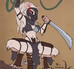  2017 anthro armor digitigrade female fluff-kevlar fur ink-eyes looking_at_viewer magic_the_gathering mammal melee_weapon rat red_eyes rodent spread_legs spreading sword weapon white_fur 
