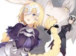  ;d armor armored_dress black_dress black_gloves blonde_hair blue_eyes braid breasts capelet chain commentary dress dual_persona eyebrows_visible_through_hair fate/apocrypha fate/grand_order fate_(series) faulds flying_sweatdrops gauntlets gloves hand_on_head hands headpiece jealous jeanne_d'arc_(alter)_(fate) jeanne_d'arc_(fate) jeanne_d'arc_(fate)_(all) keemu_(occhoko-cho) long_braid long_hair medium_breasts multiple_girls one_eye_closed open_mouth petting plackart shaded_face silver_hair single_braid smile yellow_eyes 