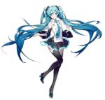  aqua_eyes aqua_hair detached_sleeves floating_hair full_body hatsune_miku headset high_heels highres long_hair necktie simple_background skirt solo thighhighs twintails very_long_hair vocaloid white_background yyb 