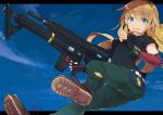  alice_gear_aegis bangs black_gloves black_shirt blonde_hair blue_eyes blue_sky blush boots breasts brown_footwear cloud commentary_request day detached_sleeves drum_magazine eyebrows_visible_through_hair fingerless_gloves gloves green_pants gun hair_between_eyes holding holding_gun holding_weapon long_hair long_sleeves looking_at_viewer medium_breasts outdoors pants parted_lips shirt sky smile solo very_long_hair virginia_glynnberets weapon weapon_request yadokari_(migihashi) 