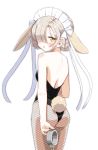  animal_ears ass azur_lane bunny_ears bunny_tail bunnysuit chain commentary_request fishnet_pantyhose fishnets from_behind hair_over_one_eye highres hydrock long_hair looking_at_viewer looking_back maid_headdress pantyhose parted_lips sheffield_(azur_lane) silver_hair simple_background solo tail white_background yellow_eyes 
