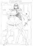 1girl bonten breasts curvy female full_body huge_breasts junketsu kill_la_kill kiryuuin_satsuki long_hair looking_at_viewer monochrome simple_background solo standing sword thick_thighs thigh_boots underboob weapon white_background 