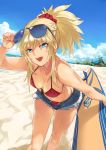  :d beach bikini blonde_hair blue_eyes blurry braid breasts cleavage commentary_request cutoffs day denim denim_shorts depth_of_field dutch_angle eyewear_on_head fate/grand_order fate_(series) highres leaning_forward long_legs looking_at_viewer medium_breasts mordred_(fate)_(all) mordred_(swimsuit_rider)_(fate) ohland open_mouth open_pants outdoors ponytail prydwen red_bikini short_shorts shorts sidelocks smile solo surfboard sweat swimsuit 