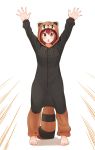  animal_costume arms_up barefoot blush emphasis_lines eyebrows_visible_through_hair full_body hair_ornament hairclip idolmaster idolmaster_million_live! kamille_(vcx68) kasuga_mirai long_sleeves looking_at_viewer red_hair short_hair simple_background solo standing tanuki_costume v-shaped_eyebrows white_background yellow_eyes 