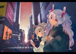  adidas animal_ears ayanami_(azur_lane) azur_lane backpack bag bangs black_shirt brand_name_imitation building bunny_ears car cellphone character_name city commentary_request crosswalk eyebrows_visible_through_hair ground_vehicle hair_between_eyes hair_ornament headgear headphones holding holding_cellphone holding_phone jacket jewelry karinto_yamada laffey_(azur_lane) long_hair motor_vehicle multiple_girls open_mouth outdoors parted_lips pendant phone ponytail red_eyes road shirt silver_hair sky skyscraper street translation_request twintails very_long_hair white_jacket 
