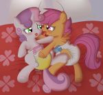  bed diaper diaper_fetish duo equine female female/female feral fillyscoots42 friendship_is_magic horse kissing mammal my_little_pony scootaloo_(mlp) sweetie_belle_(mlp) urine watersports young 