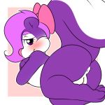  2016 anthro anus blush border butt female fifi_la_fume fluffy fluffy_tail fur hair hair_bow hair_ribbon hi_res kloudmutt looking_back mammal multicolored_fur purple_fur purple_hair pussy raised_tail rear_view ribbons short_stack simple_background skunk smile solo tiny_toon_adventures two_tone_fur warner_brothers white_border white_fur 