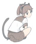  animal_ears brown_eyes brown_hair cat_ears cat_tail commentary fake_animal_ears from_behind highres indian_style kantai_collection looking_at_viewer looking_back pleated_skirt ponytail school_uniform serafuku shikinami_(kantai_collection) simple_background sitting skirt solo tail wachi_(hati1186) white_background 