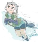  american_beaver_(kemono_friends) animal_ears beaver_ears beaver_tail bike_shorts bike_shorts_under_shorts boots commentary elbow_gloves fur_collar gloves grey_hair hair_tie kemono_friends kemono_friends_zatsudan_e_sure_goudou-kai multicolored_hair navel partially_underwater_shot short_hair shorts smile solo swimming tail vest water white_hair 