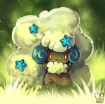  commentary_request fluffy grass looking_at_viewer no_humans orange_eyes pokemon pokemon_(creature) sa-dui shiny_pokemon signature sitting smile solo whimsicott 