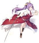  boots bracelet commentary_request hair_ribbon highres holding holding_sword holding_weapon jewelry katana long_hair looking_at_viewer necktie petals ponytail purple_eyes purple_hair ribbon rokuwata_tomoe simple_background smile solo sword touhou watatsuki_no_yorihime weapon white_background 