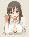  :d arm_under_breasts black-framed_eyewear black_bra black_eyes bra breast_hold breast_rest breasts brown_hair button_gap cleavage commentary_request dress_shirt glasses large_breasts long_hair looking_at_viewer morisawa_haruyuki open_mouth original partially_unbuttoned semi-rimless_eyewear shirt sidelocks simple_background smile solo under-rim_eyewear underwear upper_body 