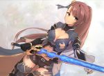  asymmetrical_gloves beatrix_(granblue_fantasy) belt black_gloves black_shorts blue_ribbon bracelet breasts brown_eyes brown_hair bukkira_(roy028june) cleavage dutch_angle floating_hair gloves granblue_fantasy hair_between_eyes hair_ribbon holding holding_sword holding_weapon jewelry long_hair looking_at_viewer medium_breasts midriff ponytail ribbon short_shorts shorts solo standing stomach sword thighhighs very_long_hair weapon 