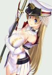  akasaai bare_shoulders blonde_hair blue_eyes blush breasts cleavage detached_collar elbow_gloves gloves hat highres holding large_breasts long_hair looking_at_viewer original peaked_cap see-through sheath sheathed simple_background smile solo sword veil weapon white_gloves 