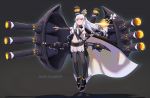  5555_96 alternate_costume alternate_eye_color alternate_hair_color azur_lane black_legwear cape commentary_request crown dark_persona detached_sleeves diamond full_body highres holding long_hair looking_at_viewer machinery mini_crown navel pose queen_elizabeth_(azur_lane) scepter simple_background siren_(azur_lane) solo thighhighs turret white_hair yellow_eyes zettai_ryouiki 