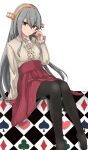  absurdres ame-rain black_legwear breasts brown_eyes commentary grey_hair hair_between_eyes haruna_(kantai_collection) headgear highres kantai_collection long_hair looking_at_viewer medium_breasts meme_attire pantyhose sidelocks sitting skirt solo virgin_killer_outfit 