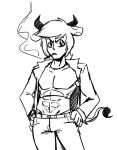  &lt;3 abs anaugi animal_humanoid black_and_white bovine cigarette clothing cow_humanoid crossgender freckles frown hair hi_res horn humanoid jacket klara_(monster_girl_gamu) male mammal monochrome monster_girl_gamu solo 