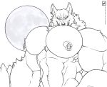  abs absurd_res anthro biceps big_breasts breasts canine female full_moon fur hair hi_res looking_at_viewer mammal monochrome moon muscular muscular_female nipple_piercing nipples nude piercing smile standing teeth walter_sache wolf 