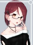  :o adjusting_eyewear alternate_hair_length alternate_hairstyle arm_cutout bare_shoulders bespectacled black-framed_eyewear black_collar black_shirt blush brown_eyes chromatic_aberration collarbone commentary_request ear_piercing earrings glasses grey_background hair_ornament hairclip hairpin highres jewelry long_sleeves looking_at_viewer love_live! love_live!_sunshine!! nasuno_(nasuno42) off-shoulder_shirt pendant piercing red_hair sakurauchi_riko semi-rimless_eyewear shirt short_hair solo under-rim_eyewear upper_body 