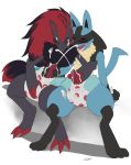  2016 3_toes anthro black_fur blue_eyes blue_fur canine cum cum_on_face cum_on_self diaper duo eyes_closed fur hair hi_res lucario male male/male mammal mutual_masturbation nintendo open_mouth orgasm pok&eacute;mon pok&eacute;mon_(species) red_fur simple_background syberfab toes tongue video_games white_background zoroark 