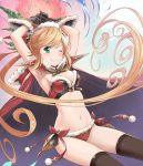  ;) armpits arms_up black_gloves black_legwear blonde_hair blush bra breasts cape christmas clarisse_(granblue_fantasy) cleavage floating_hair fur_trim gloves granblue_fantasy green_eyes holly konoe_(fogtracks) long_hair medium_breasts navel one_eye_closed panties ponytail red_bra red_cape red_panties santa_costume smile solo strapless strapless_bra thighhighs underwear very_long_hair 