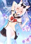  animal_ears arm_behind_head arm_ribbon armpits azur_lane bangs bare_shoulders black_bow black_ribbon blush bow breasts cat_ears collarbone commentary_request cropped_shirt eyebrows_visible_through_hair fang flower hair_bow half-closed_eyes highres knee_up long_hair looking_at_viewer lying lying_on_water medium_breasts mobu_(wddtfy61) navel no_bra nose_blush on_back open_mouth petals petals_on_liquid pleated_skirt ribbon sailor_collar saliva saliva_trail shirt sidelocks silver_hair skirt sleeveless solo suspenders tearing_up thighhighs underboob white_legwear white_shirt yukikaze_(azur_lane) 