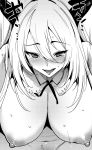  beast_dominator blush breasts commentary_request eyebrows_visible_through_hair greyscale hair_between_eyes large_breasts long_hair looking_at_viewer monochrome nipples nose_blush open_mouth puffy_nipples shadowverse smile solo sweatdrop tomohiro_kai 