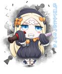  abigail_williams_(fate/grand_order) bangs black_bow black_dress black_footwear black_hat blonde_hair bloomers blue_eyes bottle bow bug butterfly chibi coke_bottle cola crossed_bandaids dress fate/grand_order fate_(series) grin hair_bow hat highres holding holding_bottle insect keyhole long_hair long_sleeves neon-tetora orange_bow parted_bangs polka_dot polka_dot_bow sharp_teeth sleeves_past_fingers sleeves_past_wrists smile solo teeth translated underwear very_long_hair white_bloomers 