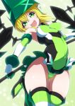  akatsuki_kirika arched_back ass ass_visible_through_thighs bare_shoulders blonde_hair blush boots breasts breasts_apart commentary_request covered_navel covered_nipples elbow_gloves eyebrows_visible_through_hair gloves green_eyes headgear highres kurihara_kenshirou legs_together leotard looking_at_viewer medium_breasts open_mouth senki_zesshou_symphogear shiny shiny_hair shiny_skin short_hair skin_tight skirt skirt_lift solo striped striped_legwear teeth thigh_gap upskirt wind wind_lift 