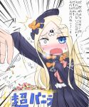  1girl abigail_williams_(fate/grand_order) arm_up bangs black_bow black_dress black_hat blonde_hair blue_eyes blush bow bug butterfly chibi crossed_bandaids dress emphasis_lines fang fate/grand_order fate_(series) fingernails hair_bow hat highres insect long_hair long_sleeves neon-tetora nose_blush object_hug open_mouth orange_bow out_of_frame parted_bangs sleeves_past_fingers sleeves_past_wrists solo_focus sprinkles stuffed_animal stuffed_toy teddy_bear translation_request very_long_hair 