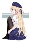  arm_support bangs beret black_footwear black_legwear blonde_hair blue_eyes blue_hat blue_skirt candy food from_behind girls_frontline glasses hair_between_eyes hair_ribbon hand_on_own_thigh hat highres loafers lollipop long_hair looking_at_viewer looking_back pleated_skirt red-framed_eyewear ribbon semi-rimless_eyewear shirt shoes short_sleeves sidelocks simple_background sitting skirt sleeves_folded_up solo sucking thighhighs thighs tsuaaa very_long_hair white_shirt z-62_(girls_frontline) 