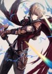  absurdres albert_(shingeki_no_bahamut) black_pants blonde_hair cape closed_mouth dutch_angle gauntlets granblue_fantasy grey_background highres holding holding_sword holding_weapon male_focus pants purple_eyes rean_(r_ean) red_cape shingeki_no_bahamut signature smile solo standing sword weapon 